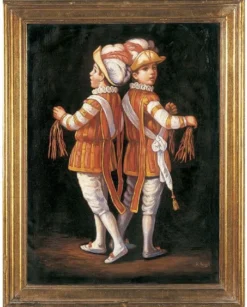 Casa Padrino Luxus Barock Ölgemälde Zwillinge Rot / Mehrfarbig / Gold 64 x H. 82 cm - Handgemaltes Gemälde im Barockstil - Barock Wand Deko