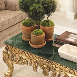 Casa Padrino Luxus Barock Mahagoni Couchtisch mit Marmorplatte Grün / Antik Gold 122 cm - Barockstil Hotel & Wohnzimmer Möbel