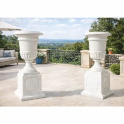 Casa Padrino Luxus Barock Marmor Blumentopf Set auf Säulen Weiß H. 110 cm - Garten Deko