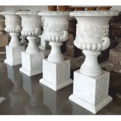 Casa Padrino Luxus Barock Marmor Blumentopf Set auf Säulen Weiß H. 120 cm