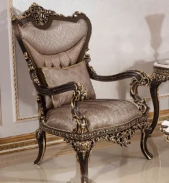 Casa Padrino Luxus Barock Massivholz Sessel Grau / Dunkelbraun / Gold