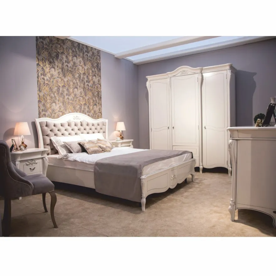 Casa Padrino Luxus Barock Massivholz Doppelbett Weiß / Grau - Barock Schlafzimmer Möbel