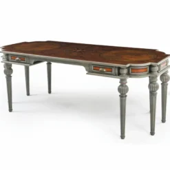 Casa Padrino Luxus Barock Massivholz Schreibtisch Braun / Grau 204 cm - Prunkvolle Büro Möbel - Barockstil Büro Möbel
