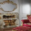 Casa Padrino Luxus Barock Möbel Set Kamin Barschrank mit Wandspiegel Grau / Gold - Verspiegelte Kunstmarmor Kamin Bar mit Spiegel - Hotel Restaurant Schloss Möbel - Luxus Qualität - Made in Italy