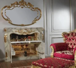 Casa Padrino Luxus Barock Möbel Set Kamin Barschrank mit Wandspiegel Grau / Gold - Verspiegelte Kunstmarmor Kamin Bar mit Spiegel - Hotel Restaurant Schloss Möbel - Luxus Qualität - Made in Italy