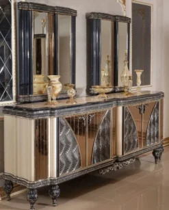 Casa Padrino Luxus Barock Möbel Set Beige / Schwarz / Gold - 1 Barock Sideboard mit 4 Türen & 2 Barock Wandspiegel - Handgefertigte Barock Möbel - Edel & Prunkvoll