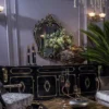 Casa Padrino Luxus Barock Möbel Set Sideboard mit Spiegel Schwarz / Gold - Prunkvoller Massivholz Schrank mit elegantem Wandspiegel - Möbel im Barockstil