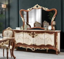 Casa Padrino Luxus Barock Möbel Set Braun / Cremefarben / Gold - 1 Barock Sideboard mit 4 Türen & 1 Barock Wandspiegel - Prunkvolle Barock Möbel