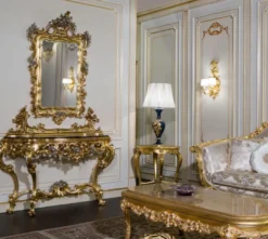 Casa Padrino Luxus Barock Möbel Set Konsole mit Spiegel Gold / Silber / Schwarz - Prunkvoller handgeschnitzter Konsolentisch mit Wandspiegel - Hotel Möbel - Schloss Möbel - Luxus Qualität - Made in Italy