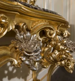 Casa Padrino Luxus Barock Möbel Set Konsole mit Spiegel Gold / Silber / Schwarz - Prunkvoller handgeschnitzter Konsolentisch mit Wandspiegel - Hotel Möbel - Schloss Möbel - Luxus Qualität - Made in Italy