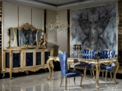 Casa Padrino Luxus Barock Möbel Set Silber / Gold / Blau - 1 Sideboard mit 4 Türen & 1 Spiegel - Handgefertigte Barock Möbel - Edel & Prunkvoll