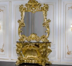Casa Padrino Luxus Barock Möbel Set Konsole mit Spiegel Gold / Schwarz - Prunkvoller handgeschnitzter Konsolentisch mit Wandspiegel - Hotel Restaurant Schloss Möbel - Luxus Qualität - Made in Italy