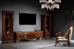 Casa Padrino Luxus Barock Möbel Set Braun / Gold - Edler Massivholz TV Schrank mit 2 Vitrinen - Barock Wohnzimmer Möbel
