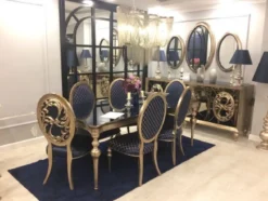 Casa Padrino Luxus Barock Möbel Set Blau / Antik Gold - 1 verspiegeltes Sideboard & 3 ovale Wandspiegel - Prunkvolle Barock Möbel