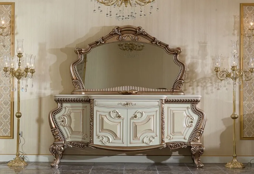 Casa Padrino Luxus Barock Möbel Set Weiß / Beige / Kupferfarben - 1 Barock Sideboard & 1 Barock Wandspiegel - Handgefertigte Barock Möbel - Edel & Prunkvoll