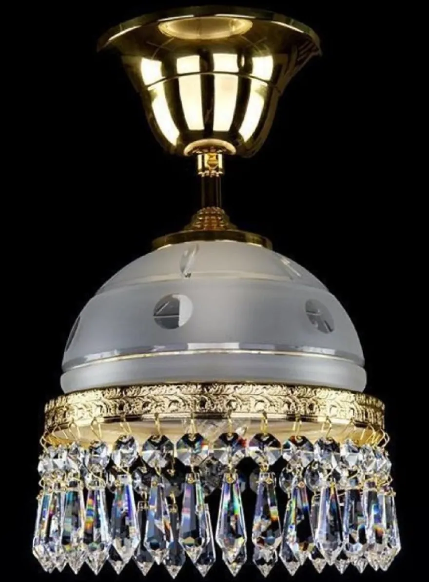 Casa Padrino Luxus Barock Messing Hängeleuchte Gold / Weiß Ø 16 x H. 18 cm - Prunkvolle Messing Hängelampe mit Böhmischem Kristallglas - Barock Kristall Leuchten