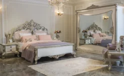 Casa Padrino Luxus Barock Nachtkommode Weiß / Silber - Handgefertigter Massivholz Nachttisch mit 2 Schubladen - Barock Schlafzimmer Möbel