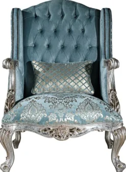 Casa Padrino Luxus Barock Ohrensessel Hellblau / Silber / Gold 77 x 80 x H. 113 cm - Wohnzimmer Sessel mit elegantem Muster und dekorativem Kissen - Barock Wohnzimmer Möbel