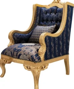 Casa Padrino Luxus Barock Ohrensessel mit Glitzersteinen und dekorativem Kissen Dunkelblau / Gold 86 x 90 x H. 110 cm - Barock Wohnzimmer Sessel - Barock Möbel