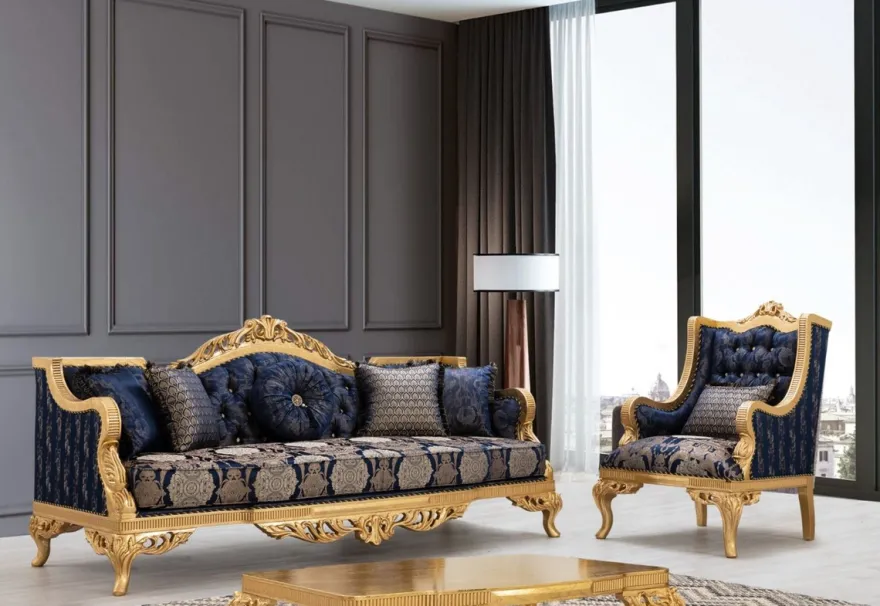 Casa Padrino Luxus Barock Ohrensessel mit Glitzersteinen und dekorativem Kissen Dunkelblau / Gold 86 x 90 x H. 110 cm - Barock Wohnzimmer Sessel - Barock Möbel