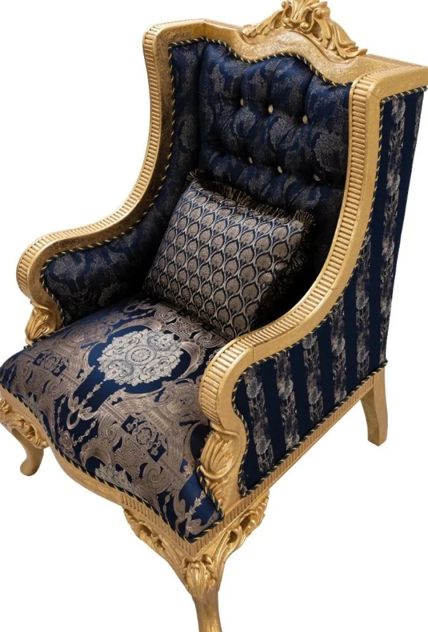 Casa Padrino Luxus Barock Ohrensessel mit Glitzersteinen und dekorativem Kissen Dunkelblau / Gold 86 x 90 x H. 110 cm - Barock Wohnzimmer Sessel - Barock Möbel