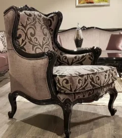 Casa Padrino Luxus Barock Ohrensessel Rosa / Schwarz - Prunkvoller Wohnzimmer Sessel mit elegantem Muster - Wohnzimmer Möbel im Barockstil