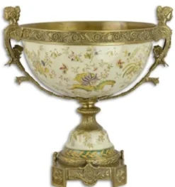 Casa Padrino Luxus Barock Porzellan Schale auf Sockel mit 2 Messing Griffen, weiß / bronze, 42 cm