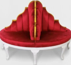 Casa Padrino Luxus Barock Rundsofa Rot / Weiß / Antik Gold - Handgefertigtes rundes Samt Sofa - Barock Hotel & Restaurant Möbel