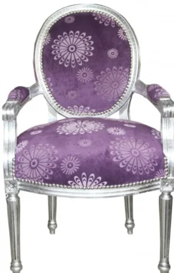 Casa Padrino Luxus Barock Salon Stuhl Lila Blumen Muster / Silber Mod2 Rund Möbel