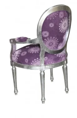 Casa Padrino Luxus Barock Salon Stuhl Lila Blumen Muster / Silber Mod2 Rund Möbel