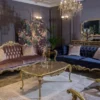 Casa Padrino Luxus Barock Samt Sofa Royalblau / Gold 240 x 82 x H. 83 cm - Prunkvolles Wohnzimmer Sofa mit dekorativen Kissen - Wohnzimmer Möbel im Barockstil
