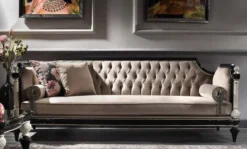 Casa Padrino Luxus Barock Samt Sofa Beige / Schwarz / Silber / Antik Gold 250 x 95 x H. 80 cm - Prunkvolles Wohnzimmer Sofa im Barockstil