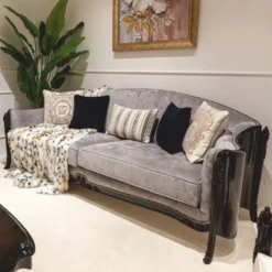 Casa Padrino Luxus Barock Samt Sofa Grau / Dunkelbraun 280 cm - Prunkvolles Barockstil Wohnzimmer Sofa - Barockstil Wohnzimmer Möbel