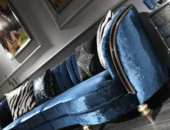 Casa Padrino Luxus Barock Samt Sofa Blau / Antik Silber / Dunkelbraun 262 x 104 x H. 80 cm - Barock Möbel