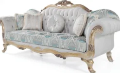 Casa Padrino Luxus Barock Samt Sofa mit Kissen Grau / Türkis / Antik Gold 252 x 82 x H. 115 cm - Wohnzimmer Möbel im Barockstil