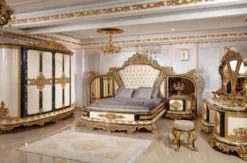 Casa Padrino Luxus Barock Schlafzimmer Set Gold / Weiß / Blau / Gold - 1 Doppelbett mit Kopfteil & 2 Nachtkommoden - Schlafzimmer Möbel im Barockstil - Edel & Prunkvoll