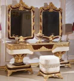Casa Padrino Luxus Barock Schlafzimmer Set Braun / Weiß / Gold - 1 Barock Schminkkommode & 2 Barock Spiegel & 1 Barock Hocker - Barock Schlafzimmer Möbel - Edel & Prunkvoll