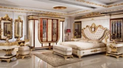 Casa Padrino Luxus Barock Schlafzimmer Set Gold / Weiß / Braun / Gold - 1 Doppelbett mit Kopfteil & 2 Nachtkommoden - Schlafzimmer Möbel im Barockstil - Edel & Prunkvoll