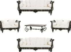 Casa Padrino Luxus Barock Schmiedeeisen Möbel Set Dunkelbraun / Weiß - 2 Luxus Sofas & 2 Luxus Sessel & 1 Luxus Couchtisch - Wohnzimmer Möbel - Garten Möbel - Hotel Möbel - Luxus Barock Möbel