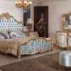 Casa Padrino Luxus Barock Schlafzimmer Set Türkis / Weiß / Braun / Gold - 1 Doppelbett mit Kopfteil & 2 Nachtkommoden - Barock Schlafzimmer Möbel - Luxus Möbel im Barockstil - Edel & Prunkvoll