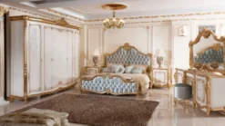 Casa Padrino Luxus Barock Schlafzimmer Set Türkis / Weiß / Braun / Gold - 1 Doppelbett mit Kopfteil & 2 Nachtkommoden - Barock Schlafzimmer Möbel - Luxus Möbel im Barockstil - Edel & Prunkvoll