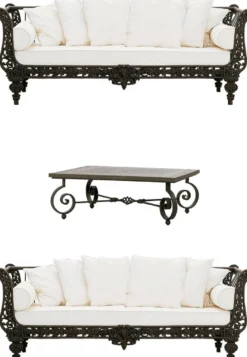 Casa Padrino Luxus Barock Schmiedeeisen Möbel Set Dunkelbraun / Weiß - 2 Luxus Sofas & 1 Luxus Couchtisch - Wohnzimmer Möbel - Garten Möbel - Hotel Möbel - Luxus Barock Möbel