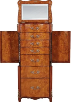 Casa Padrino Luxus Barock Schmuckkommode Hellbraun / Braun / Silber 56 x 36 x H. 128 cm - Edle Massivholz Kommode mit Spiegel - Schmuckschrank im Barockstil - Barock Möbel