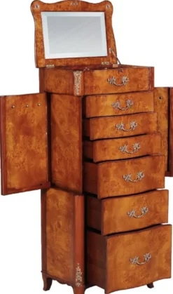 Casa Padrino Luxus Barock Schmuckkommode Hellbraun / Braun / Silber 56 x 36 x H. 128 cm - Edle Massivholz Kommode mit Spiegel - Schmuckschrank im Barockstil - Barock Möbel