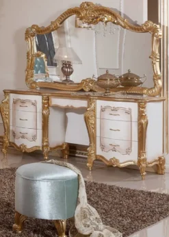 Casa Padrino Luxus Barock Schlafzimmer Set Weiß / Braun / Gold / Türkis - 1 Barock Schminkkommode & 1 Barock Spiegel & 1 Barock Hocker - Barock Schlafzimmer Möbel - Edel & Prunkvoll