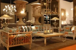 Casa Padrino Luxus Barock Schmiedeeisen Möbel Set Grün / Orange / Weiß - 1 Luxus Sofa & 2 Luxus Sessel & 1 Luxus Couchtisch - Wohnzimmer Möbel - Garten Möbel - Hotel Möbel - Luxus Barock Möbel