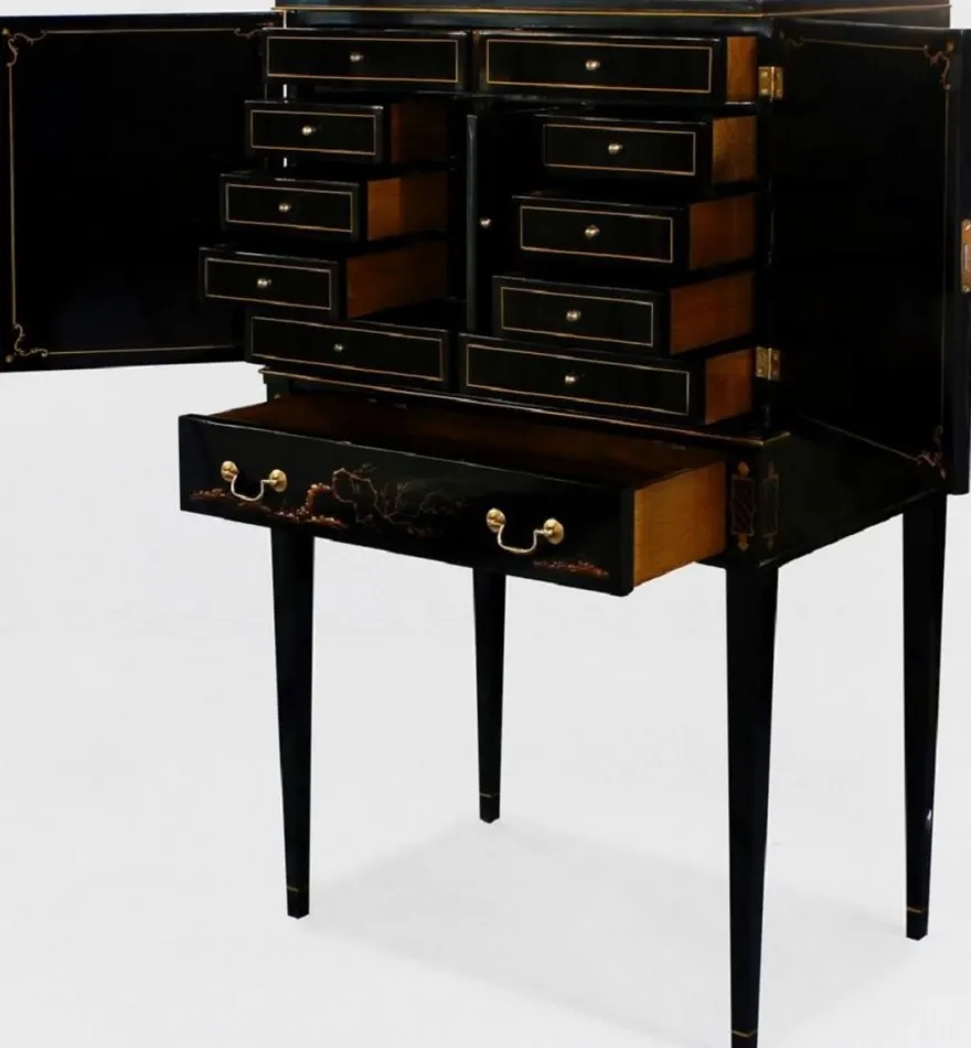 Casa Padrino Luxus Barock Schrank mit 11 Schubladen Schwarz / Gold - Wohnzimmer Schrank im chinesischen Stil - Büroschrank - Luxus Möbel im Barockstil - Barock Möbel - Barock Einrichtung