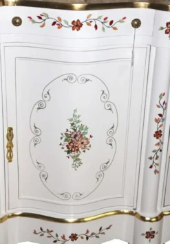 Casa Padrino Luxus Barock Schrank mit Spiegelkonsole Weiß Handbemalt mit Blumenmotiven - 161 x 218 x 46 cm