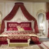 Casa Padrino Luxus Barock Schlafzimmer Set Bordeauxrot / Weiß / Gold - 1 Doppelbett mit Kopfteil & 1 Baldachin & 1 Sitzbank - Barock Schlafzimmer Möbel - Edel & Prunkvoll