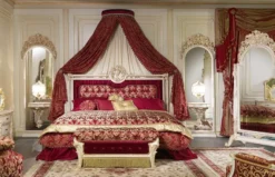 Casa Padrino Luxus Barock Schlafzimmer Set Bordeauxrot / Weiß / Gold - 1 Doppelbett mit Kopfteil & 1 Baldachin & 1 Sitzbank - Barock Schlafzimmer Möbel - Edel & Prunkvoll